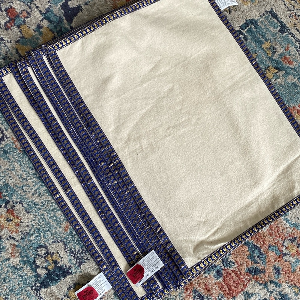 Pier 1 Placemats Set blue and golds trimmed set of 10 NWT